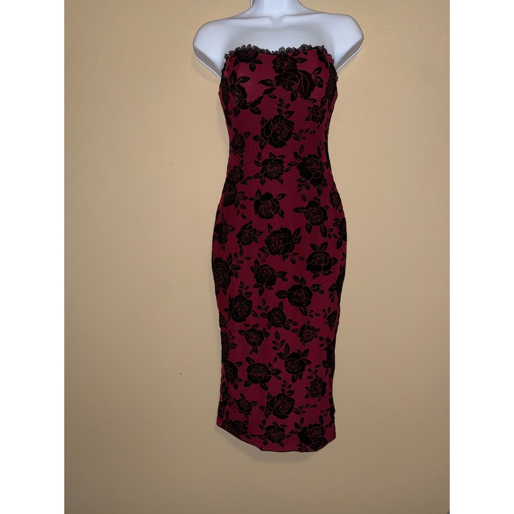 Women Strapless MidiDress BurgundyBlack Velvet Rose Lace S WhmsigothDarkromance - Picture 1 of 7